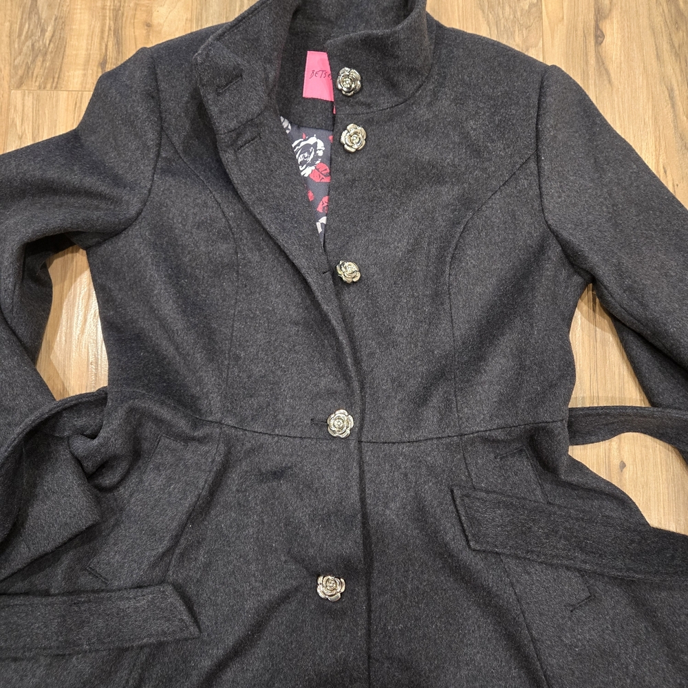 NWT - Betsey Johnson Charcoal Pea Coat with Satin Floral Lining - Picture 6 of 8